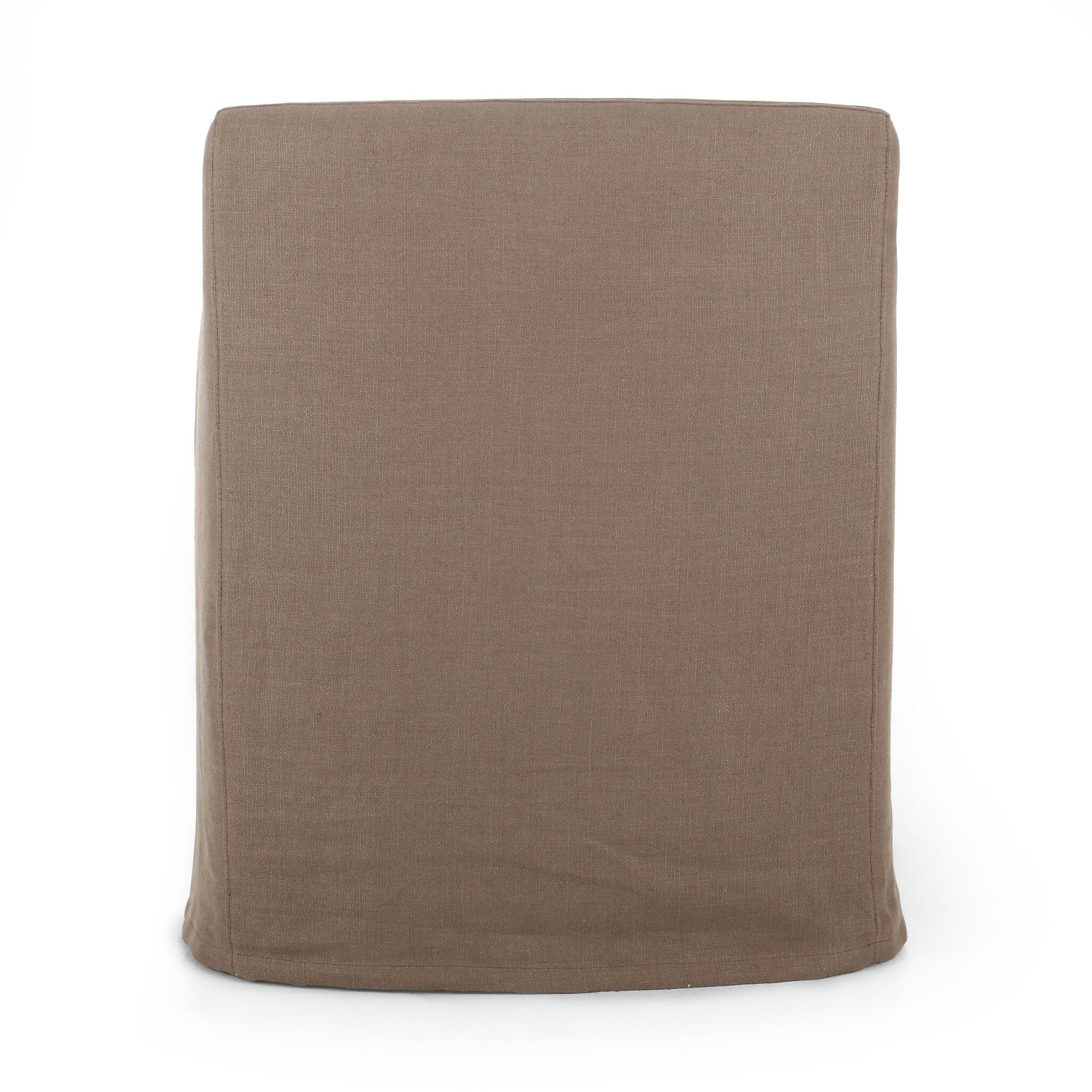 The back of a slipcovered dining chair in an earthy mushroom brown hue with rounded arms on a white background. 