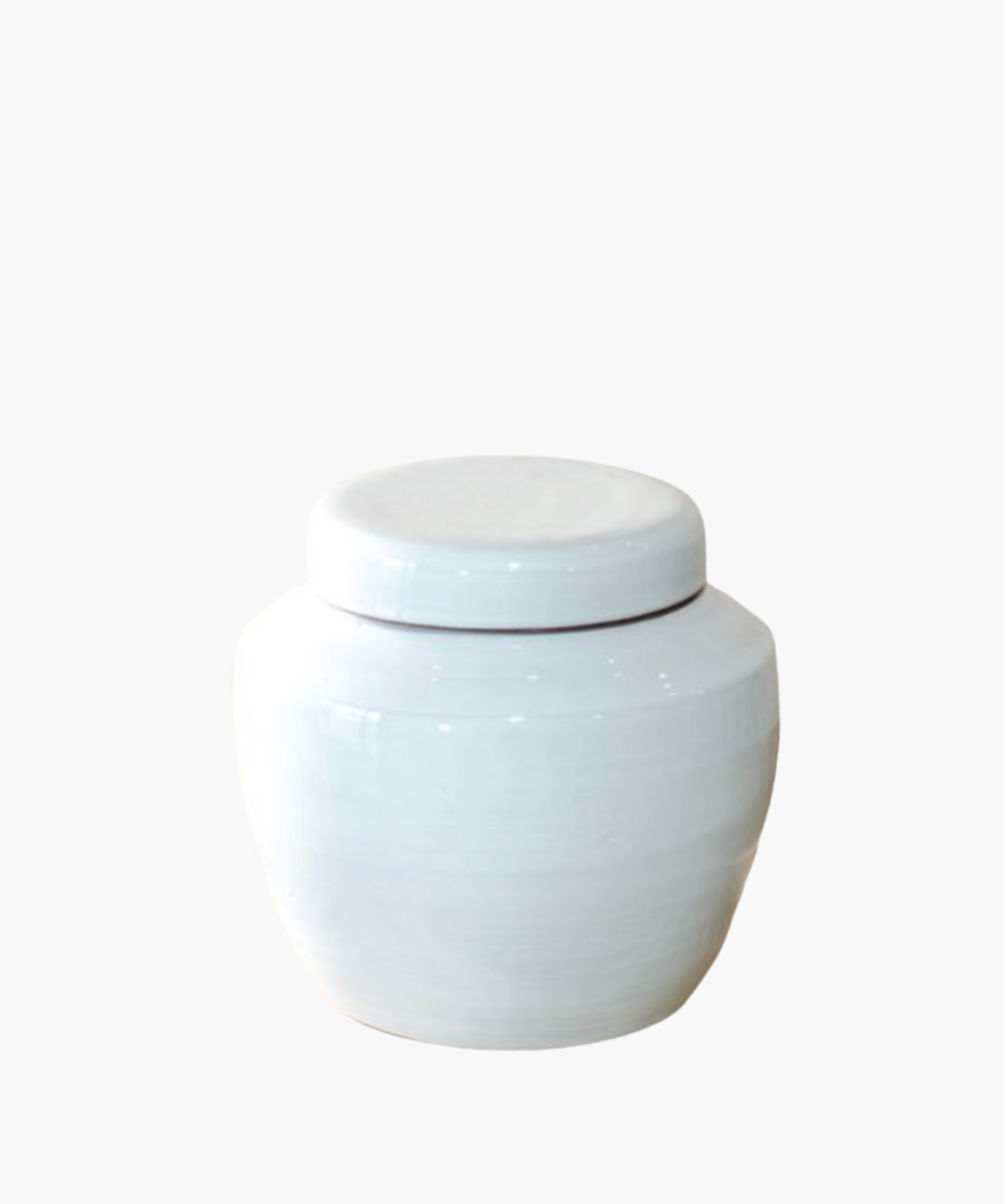 A glossy white ceramic jar with a fitted lid, displayed against a plain background. The surface reflects light, highlighting its smooth texture.