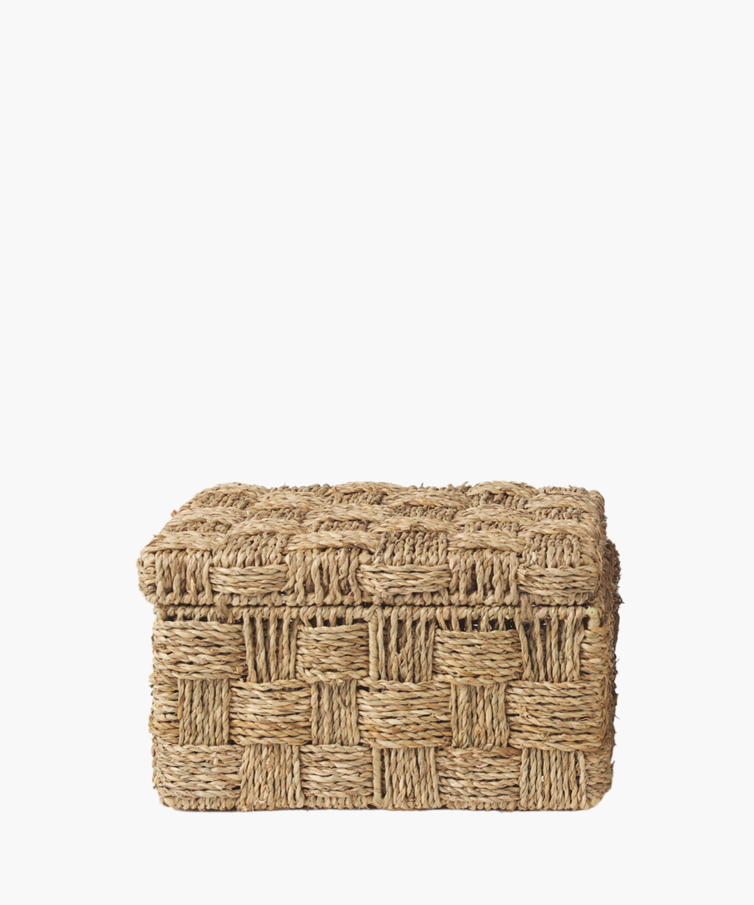 One woven basket made of natural fiber with a lid against a plain background, displaying a checkered pattern. The tone is earthy and rustic.