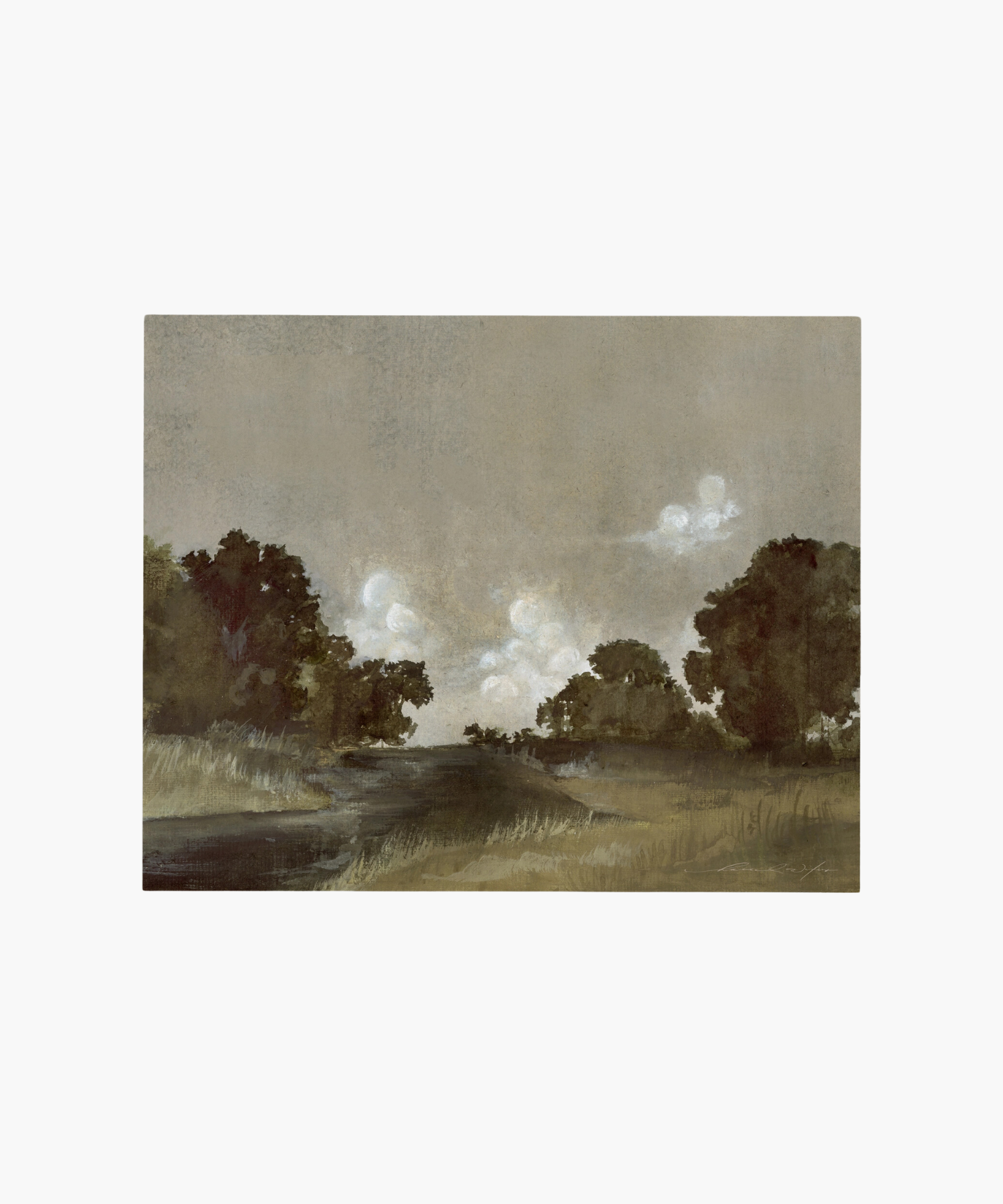 A serene landscape painting features a dirt path winding through grassy fields, surrounded by dark green trees. Puffy white clouds float in a muted sky.