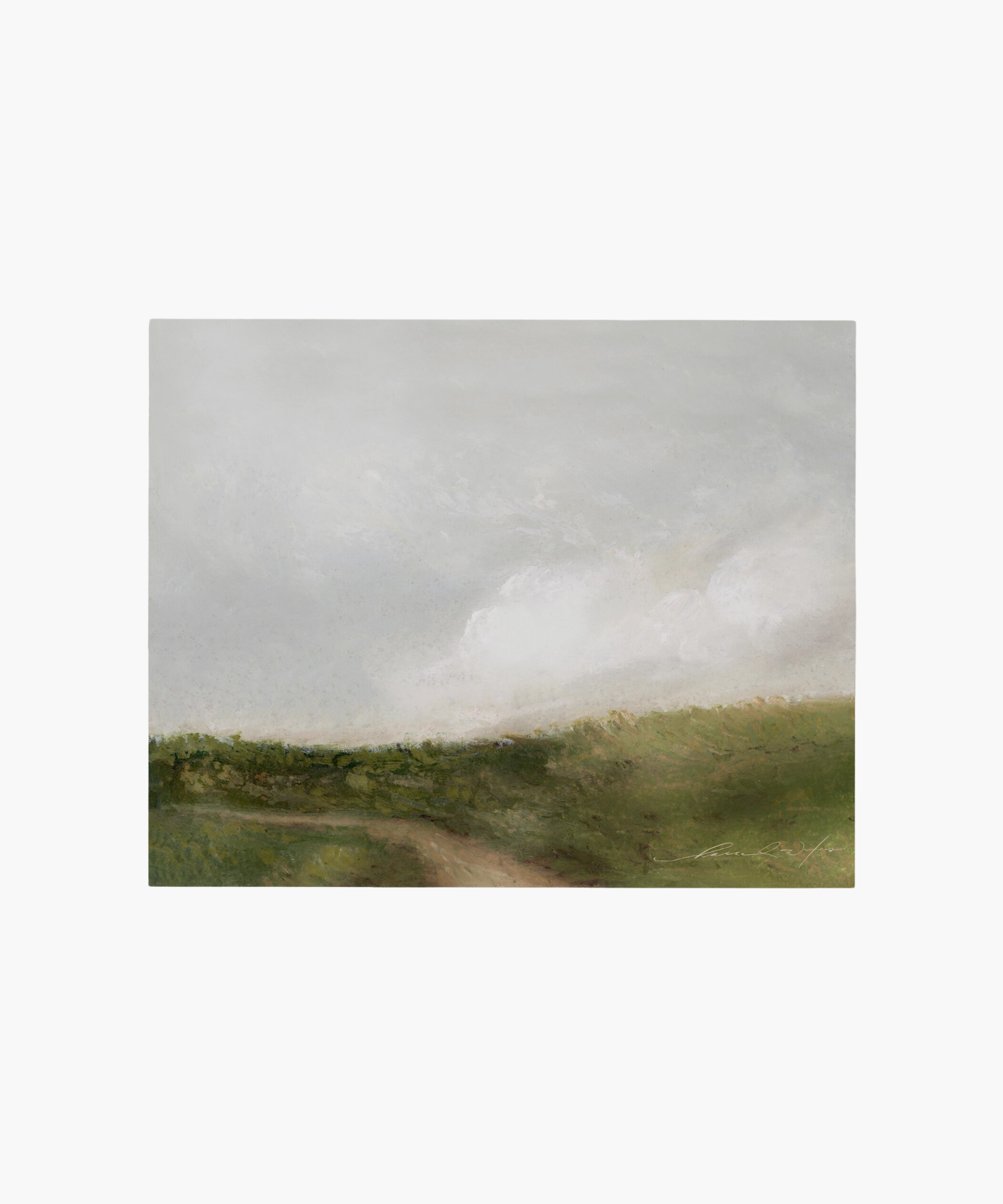 A serene landscape painting features a vast, muted green field under a cloudy gray sky. Soft brushstrokes create a calm and peaceful atmosphere.