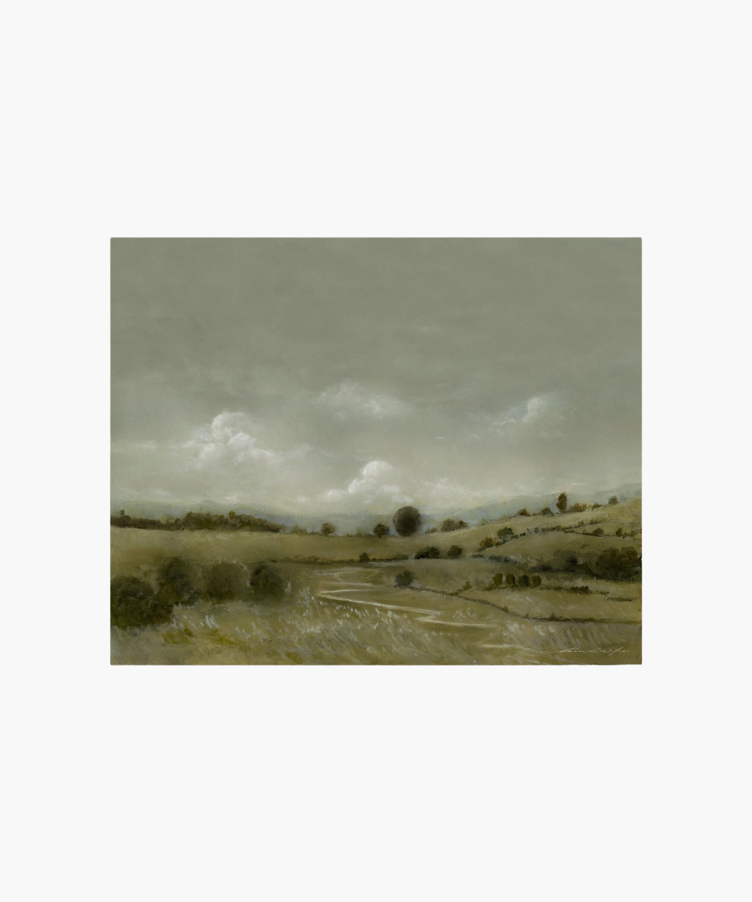 A serene landscape painting depicts rolling hills under a cloudy gray sky. The muted green and brown tones evoke a calm, tranquil atmosphere.