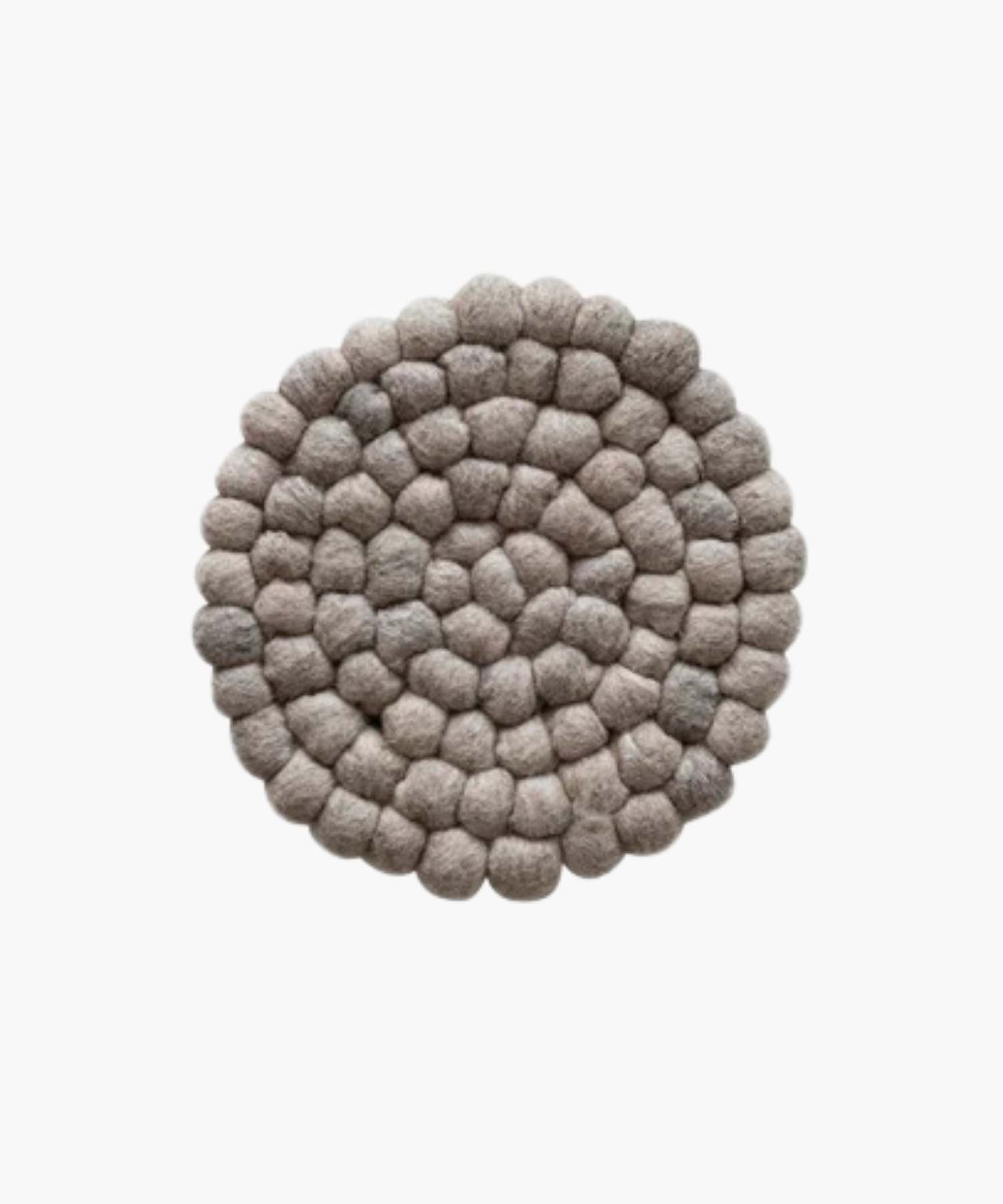 Circular felt ball trivet in soft, neutral tones. The textured surface features concentric rings of tightly packed, round felt balls for a cozy, rustic feel.